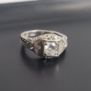 Art Deco Style Sterling Silver Ring with Cubic Zirconia, size 4.5